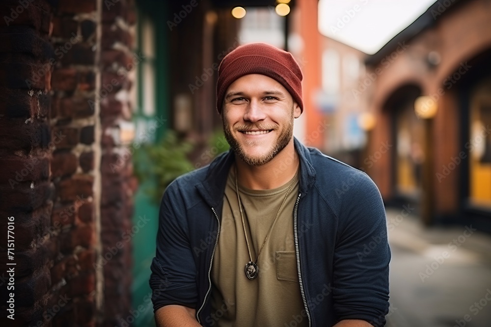 Portrait of a handsome young man smiling at the camera while standing in a street Portrait of a handsome young man smiling at the camera while standing in a street