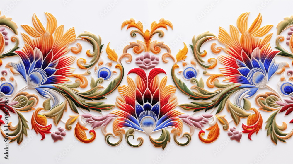 Fototapeta premium Colorful floral pattern on a white wall. AI Generative.