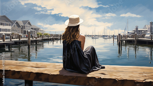 harbor of a hope. A serene graduate by the docks, her gown and cap reflecting the calm waters
