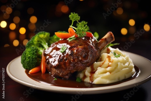 A mouthwatering food shot showcasing a bowl of tender lamb shank surrounded by a pool of rich, herbinfused gravy, paired with ery mashed potatoes and steamed vegetables, creating a wholesome photo