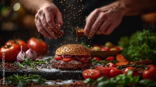 Freshly made hamburger is soaked in sauce and looks lively. photo