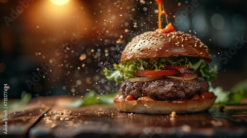 Freshly made hamburger is soaked in sauce and looks lively. photo