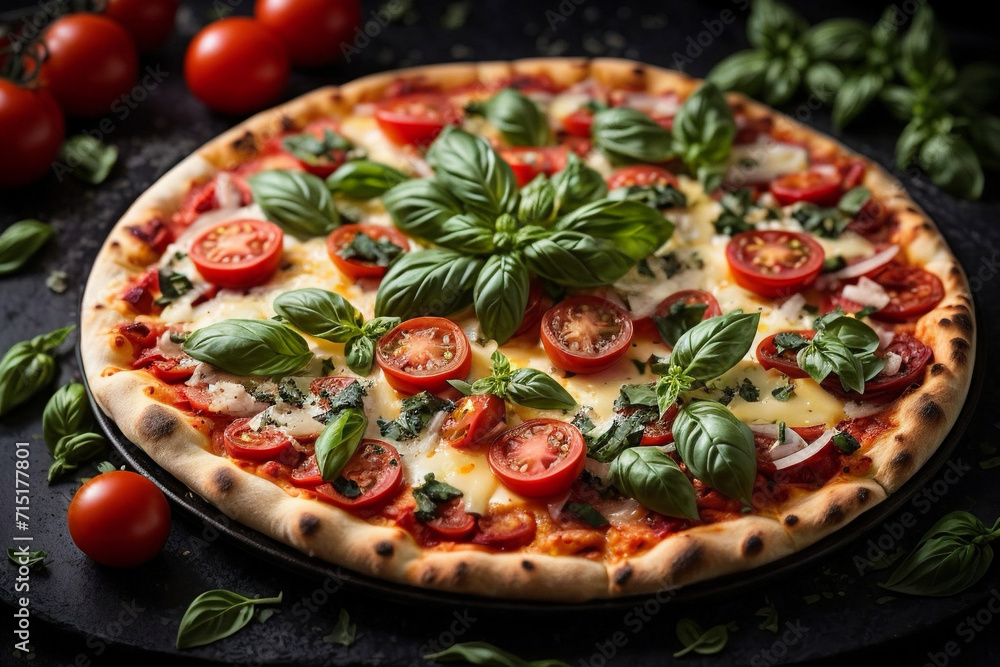 Colourful pizza with tomatoes, cheese, and basil leaves