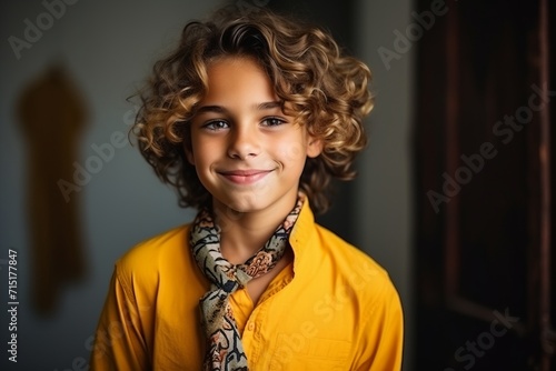 Portrait of a beautiful young boy with curly hair, indoor shot