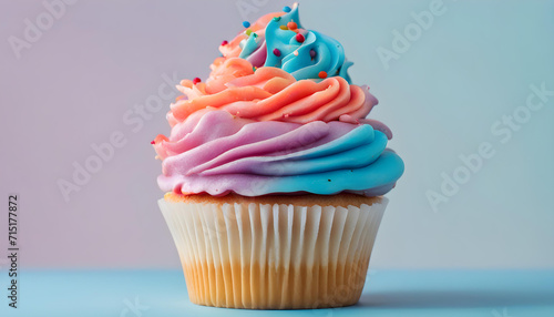 Colorful cupcake with pink icing and sprinkles