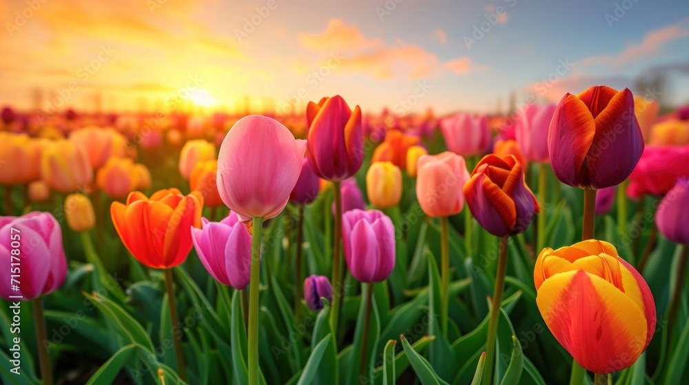 A Vibrant Field of Colorful Tulips. Generative AI.
