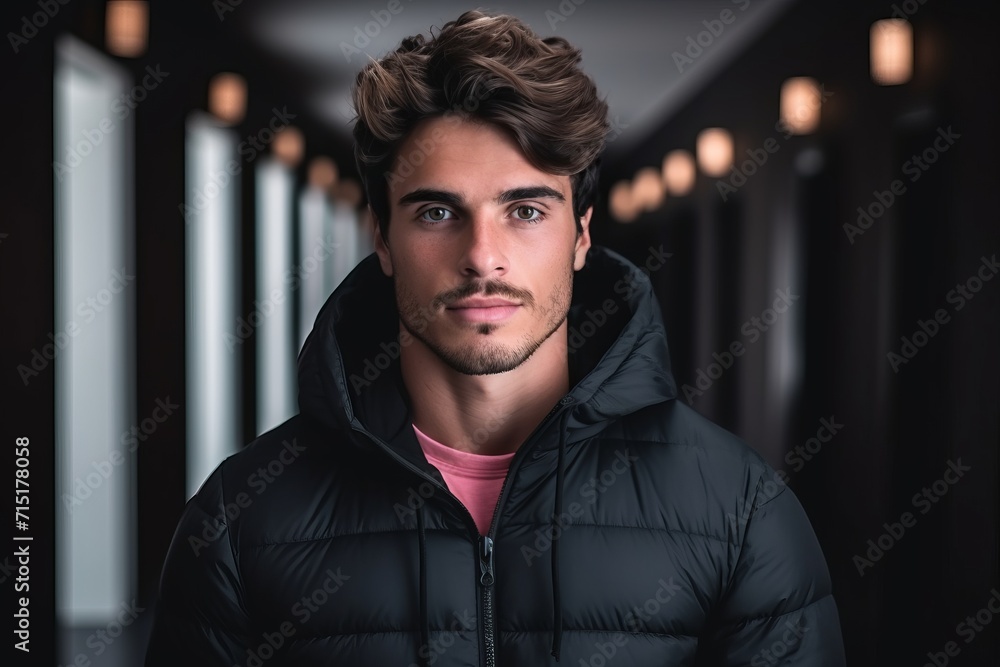 Portrait of a handsome young man wearing a black down jacket.