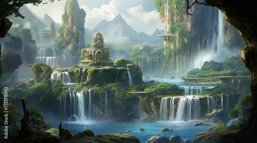 An otherworldly landscape featuring floating islands with cascading waterfalls and exotic flora.