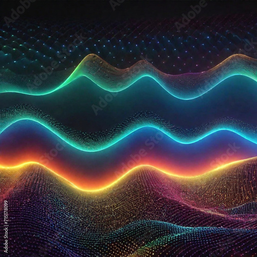 Colorful particles and curves, beating notes, wonderful music visualization, abstract colorful background 