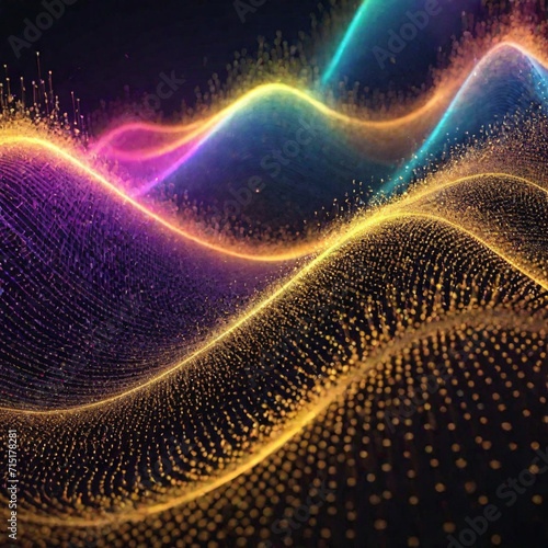 Colorful particles and curves, beating notes, wonderful music visualization, abstract colorful background 