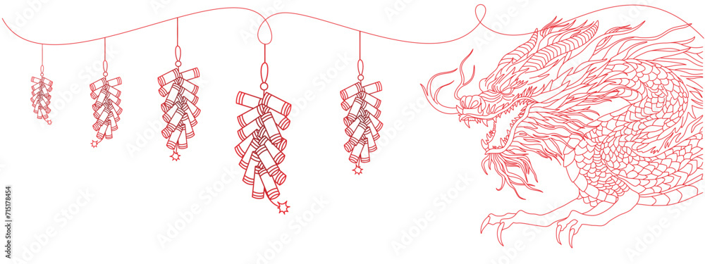 Vector design of dragon and firecrackers for Chinese New Year - obrazy, fototapety, plakaty 