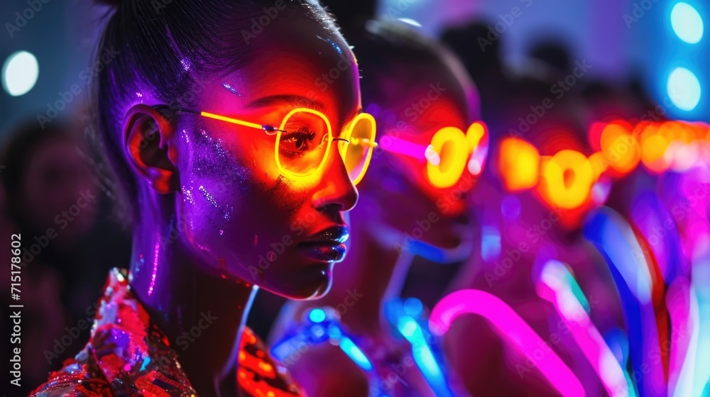 A confident and fierce energy radiates from the models as they showcase the latest in neon fashion on the runway A confident and fierce energy radiates from the models as they showcase the latest in neon fashion on the runway
