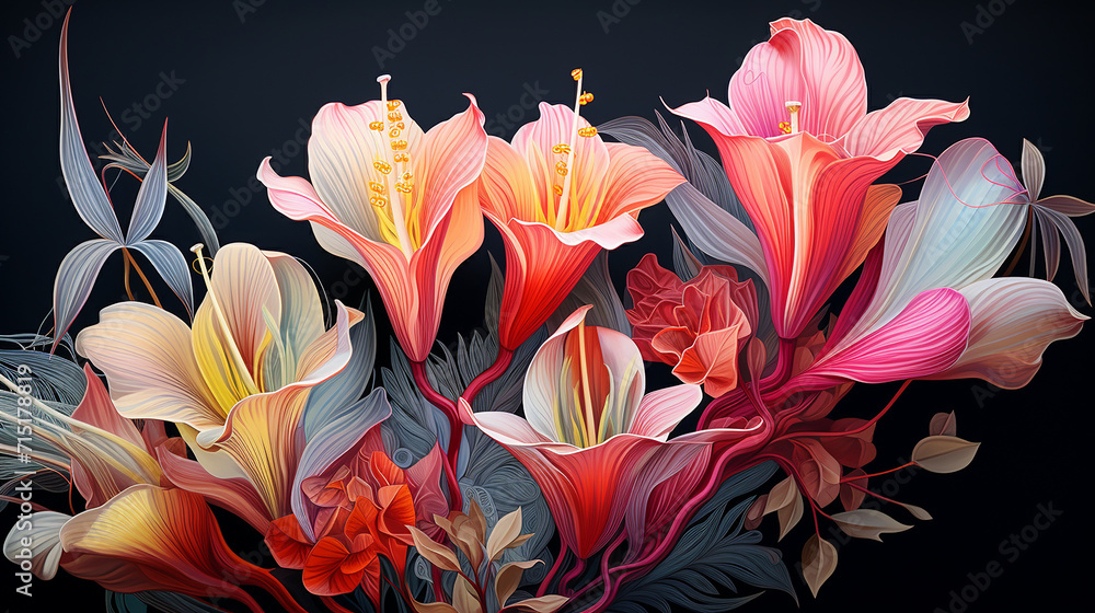 A digital botanical illustration with beautiful petals color on black background