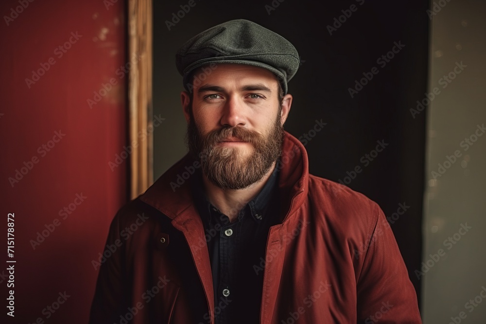 Portrait of a stylish bearded man in a red coat and cap.