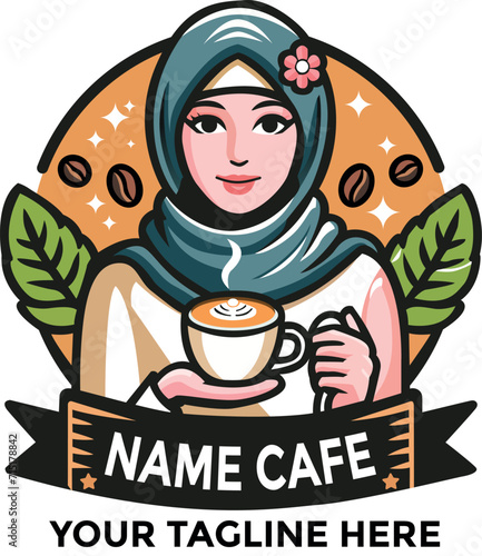 modern cafe logo of a woman wearing a hijab holding coffee	

