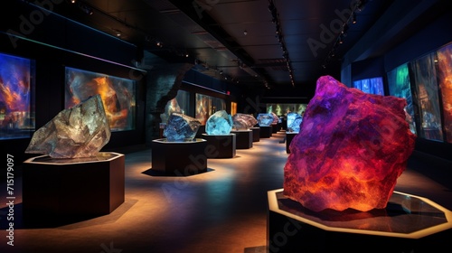 Capture the essence of a mesmerizing gemstone exhibit, with 3D-rendered crystals and minerals shimmering in brilliant hues under simulated museum lighting.