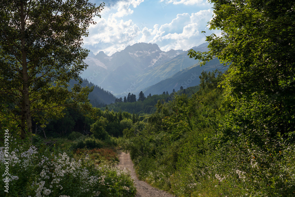 Obraz premium View of the Dombay-Ulgen gorge in the mountains of the North Caucasus and the trail to the Chuchkhur waterfall near the village of Dombay on a sunny summer day, Karachay-Cherkessia, Russia