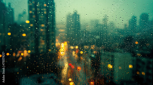 City streets tall buildings view through blured window with rainy day genarative ai