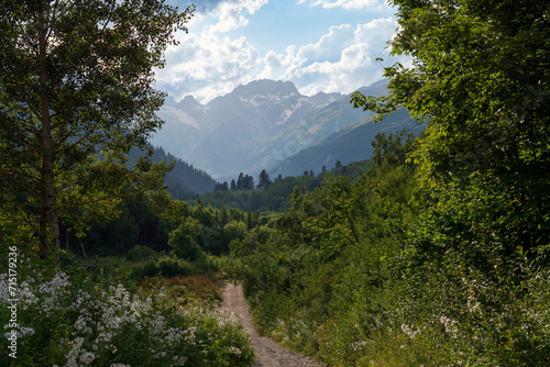 View of the Dombay-Ulgen gorge in the mountains of the North Caucasus and the trail to the Chuchkhur waterfall near the village of Dombay on a sunny summer day  Karachay-Cherkessia  Russia