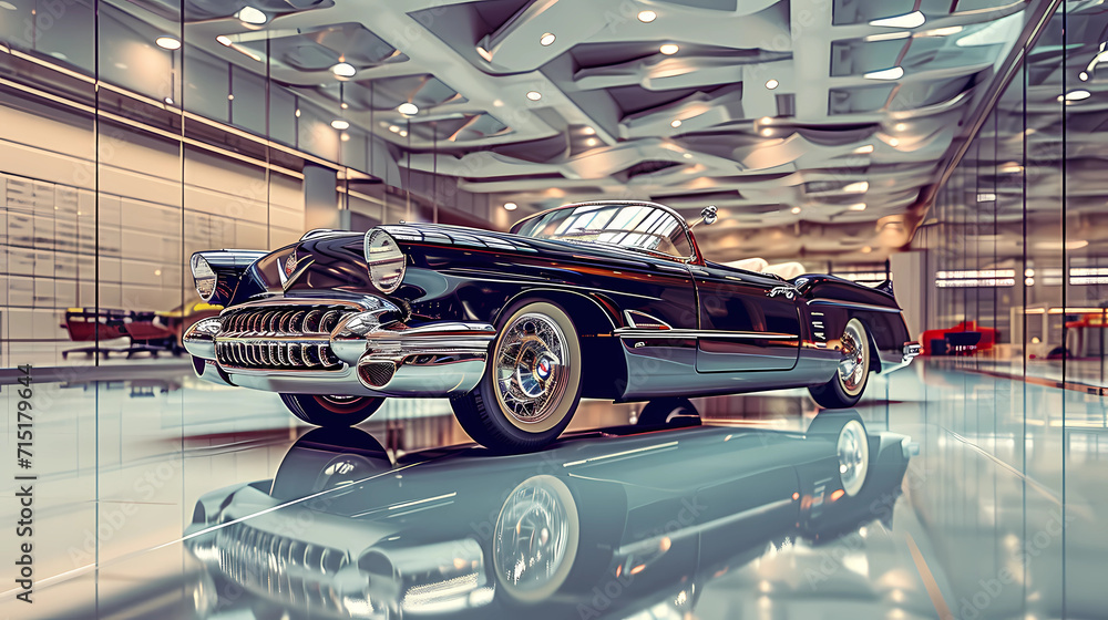 car showroom displaying a vintage convertible - obrazy, fototapety, plakaty 