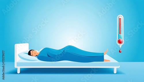 illustration of a thermometer with sick lady in fever on a bed style Vector Design Illustration for blue background clean design space for copy  created with generative ai  photo