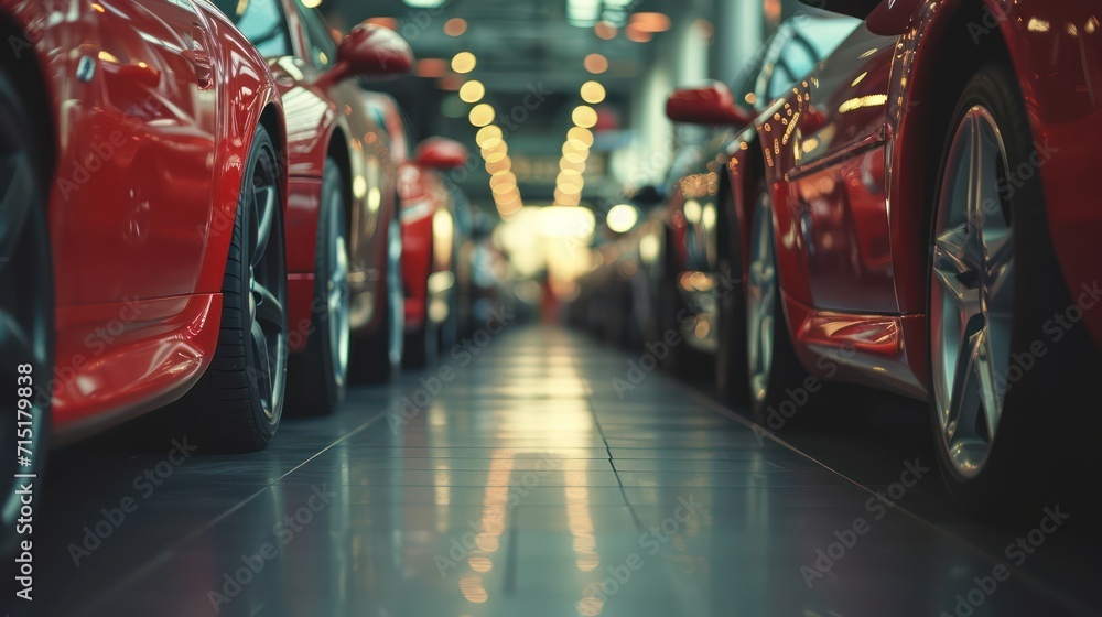 Car showroom concept background showcasing a close-up of a new car ready for purchase - obrazy, fototapety, plakaty 