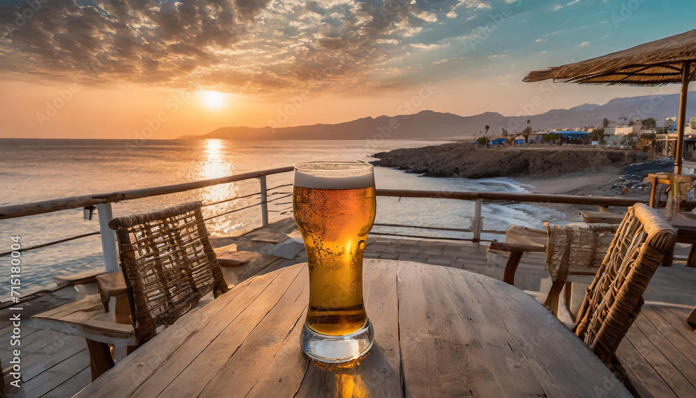 Fototapeta premium Sipping a fresh beer waiting to admire the fantastic sunset on the beach cafe