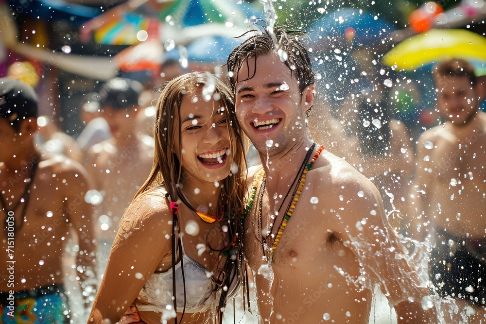 A joyful couple drenched in water, celebrating the vibrant and spirited Songkran Festival A joyful couple drenched in water, celebrating the vibrant and spirited Songkran Festival