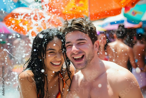 A joyful couple drenched in water, celebrating the vibrant and spirited Songkran Festival