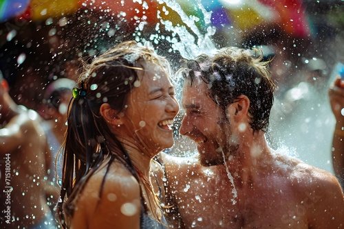 A joyful couple drenched in water  celebrating the vibrant and spirited Songkran Festival