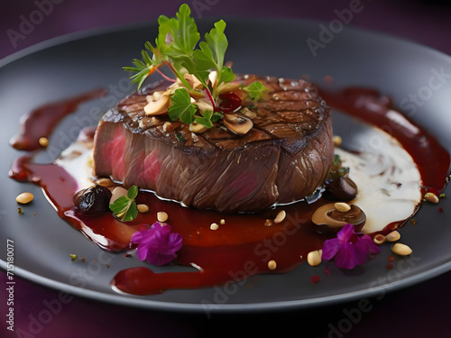 Indulge in the culinary artistry of a sumptuously plated dish featuring a tenderly seared fillet of prime beef, delicate sautéed mushrooms, and a rich red wine reduction.  photo