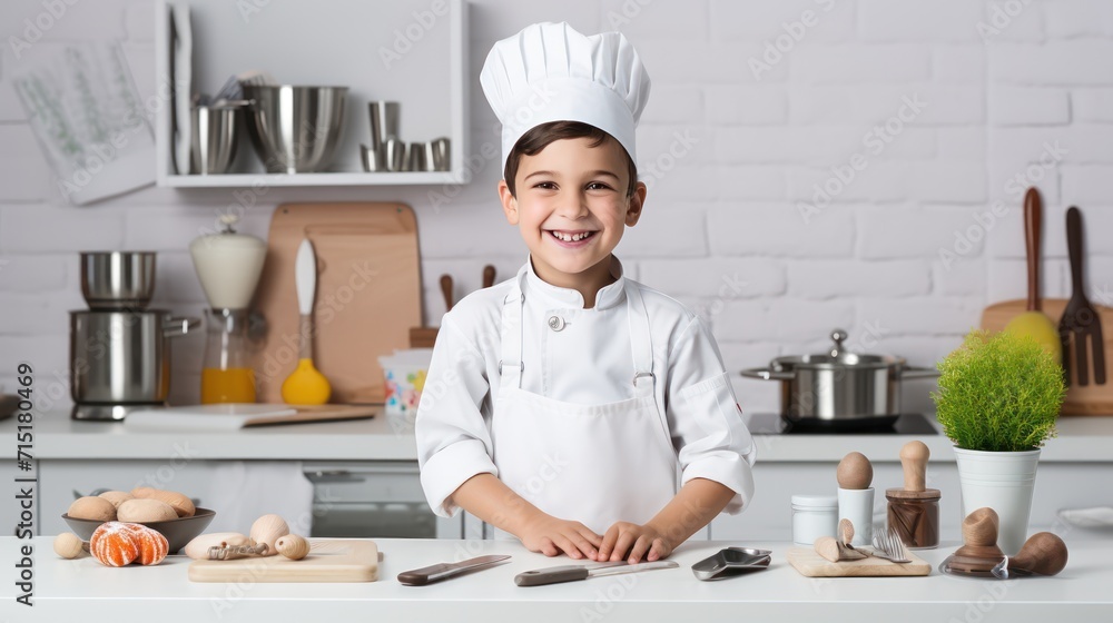 A Cooking, happy boy wearing chef's uniform. Little cook and kitchen equipment. Cooking concepts in the chef profession On empty space on white transparent background isolated A Cooking, happy boy wearing chef's uniform. Little cook and kitchen equipment. Cooking concepts in the chef profession On empty space on white transparent background isolated