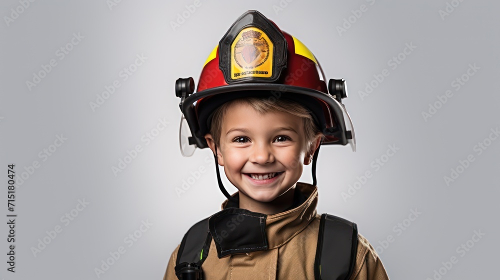 A Happy boy wearing firefighter uniform, little firefighter and fire extinguishing equipment, firefighter career adventure concept. on empty space on a white isolated transparent background. A Happy boy wearing firefighter uniform, little firefighter and fire extinguishing equipment, firefighter career adventure concept. on empty space on a white isolated transparent background.