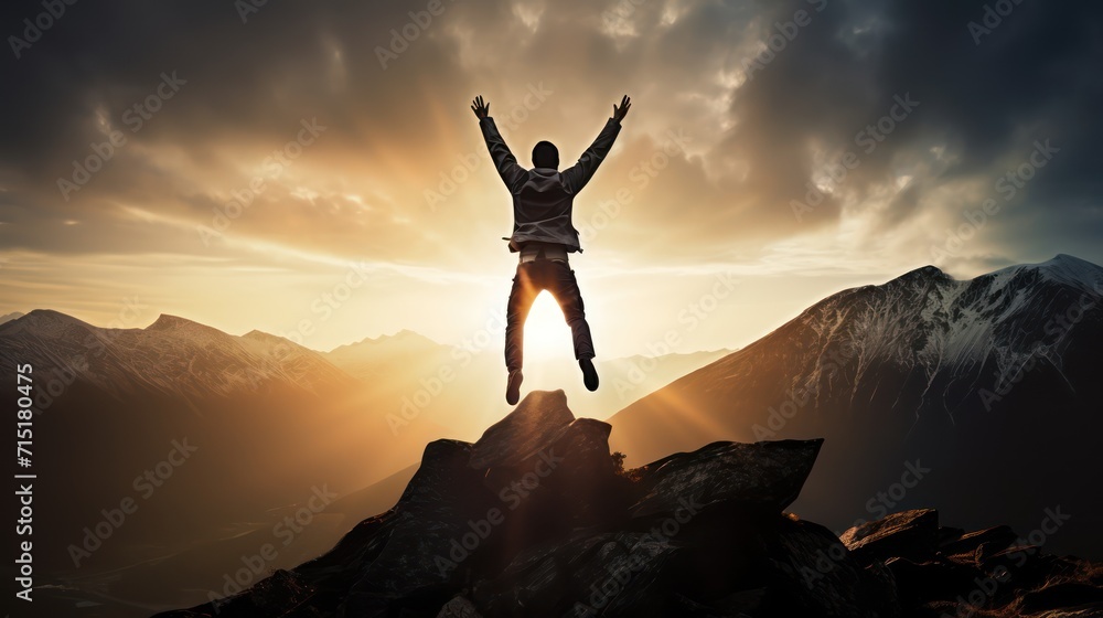 Happy man raising his arms jumping to the top of the mountain, successful businessman celebrating success on the cliff, business success concept silhouette backlit. Happy man raising his arms jumping to the top of the mountain, successful businessman celebrating success on the cliff, business success concept silhouette backlit.