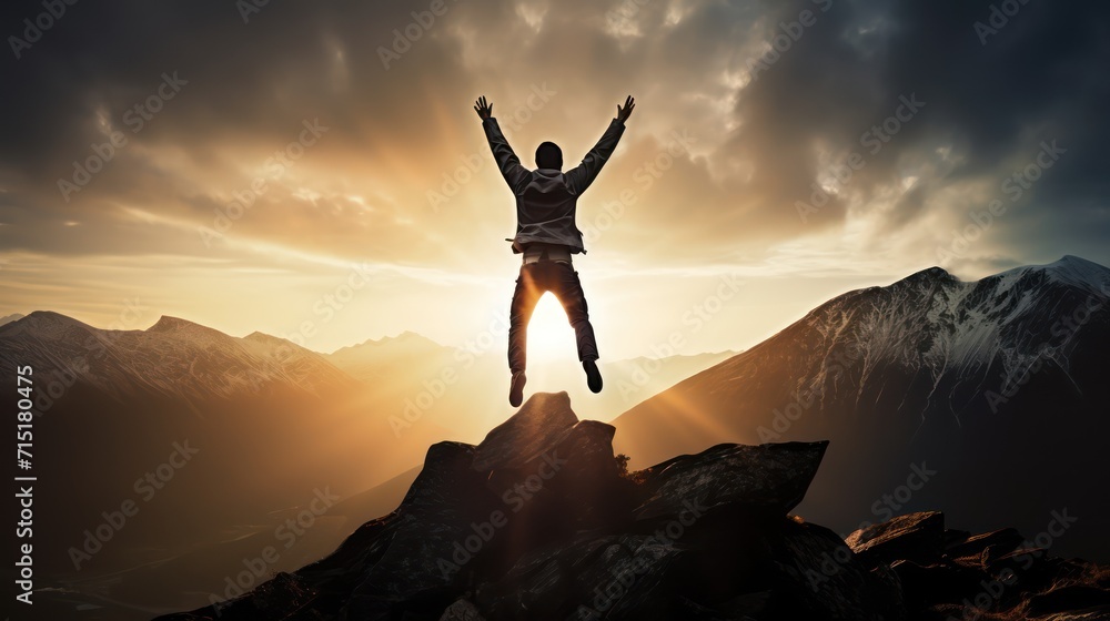 Happy man raising his arms jumping to the top of the mountain, successful businessman celebrating success on the cliff, business success concept silhouette backlit.