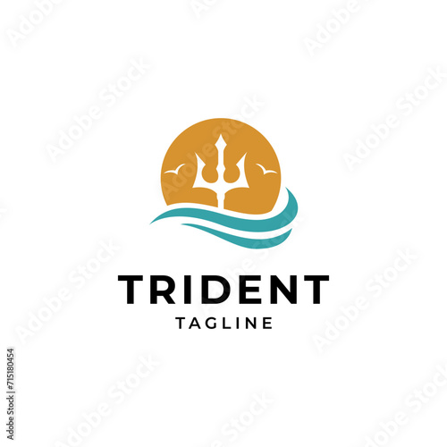 Trident logo design template with sun and wave flat vector design style
