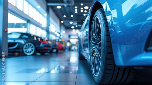 Car showroom theme with a close-up view of a new car prepared for sale.