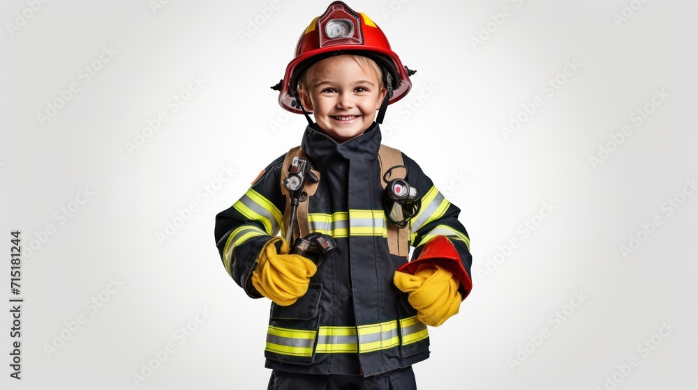 A Happy boy wearing firefighter uniform, little firefighter and fire extinguishing equipment, firefighter career adventure concept. on empty space on a white isolated transparent background. A Happy boy wearing firefighter uniform, little firefighter and fire extinguishing equipment, firefighter career adventure concept. on empty space on a white isolated transparent background.