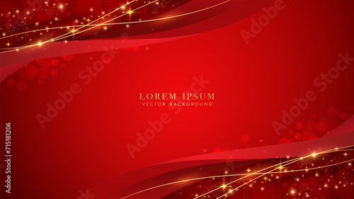 Red luxury background with golden line, red curve, glitter light effect and bokeh