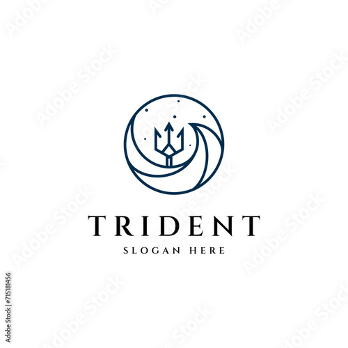 Trident line logo icon design template with waves element