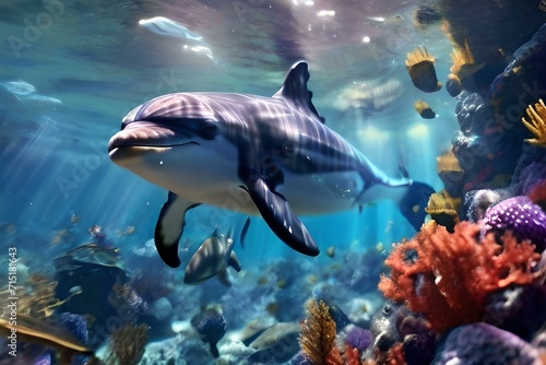 "Plunge into the enchanting depths of the ocean, capturing the mesmerizing world beneath the waves with vibrant coral reefs, playful dolphins, and majestic whales. Explore the marine magic."