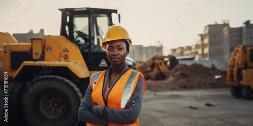 Portrait of a woman construction worker with a helmet in front of the excavator 
