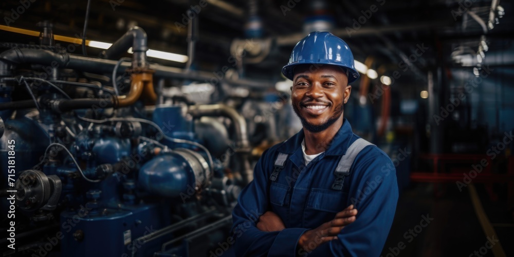 Portrait of a man worker as engineer with a helmet at factory - obrazy, fototapety, plakaty 