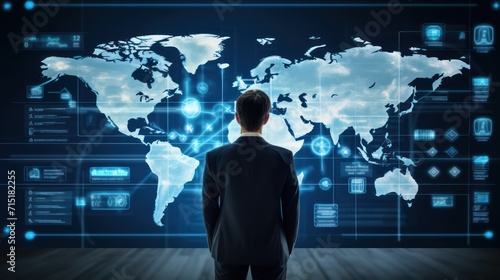 A businessman holds up a world map infographic board with communication icons, photos, on a blue background. Touch screen technology.