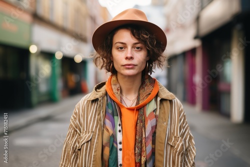 Portrait of a beautiful young woman with curly hair wearing a hat in the city
