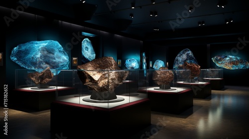 Capture the intricate details of a captivating 3D rendering of a gemstone and mineral exhibit, showcasing the brilliance of precious stones under museum lighting.