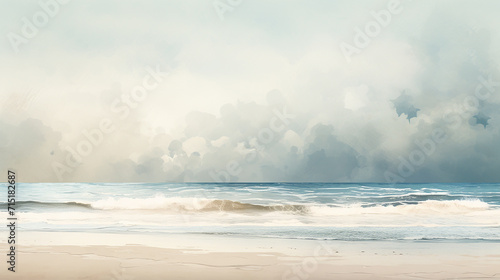 he subtle gradient of the sand meeting the sea in calming. A digital watercolor of a quiet beach