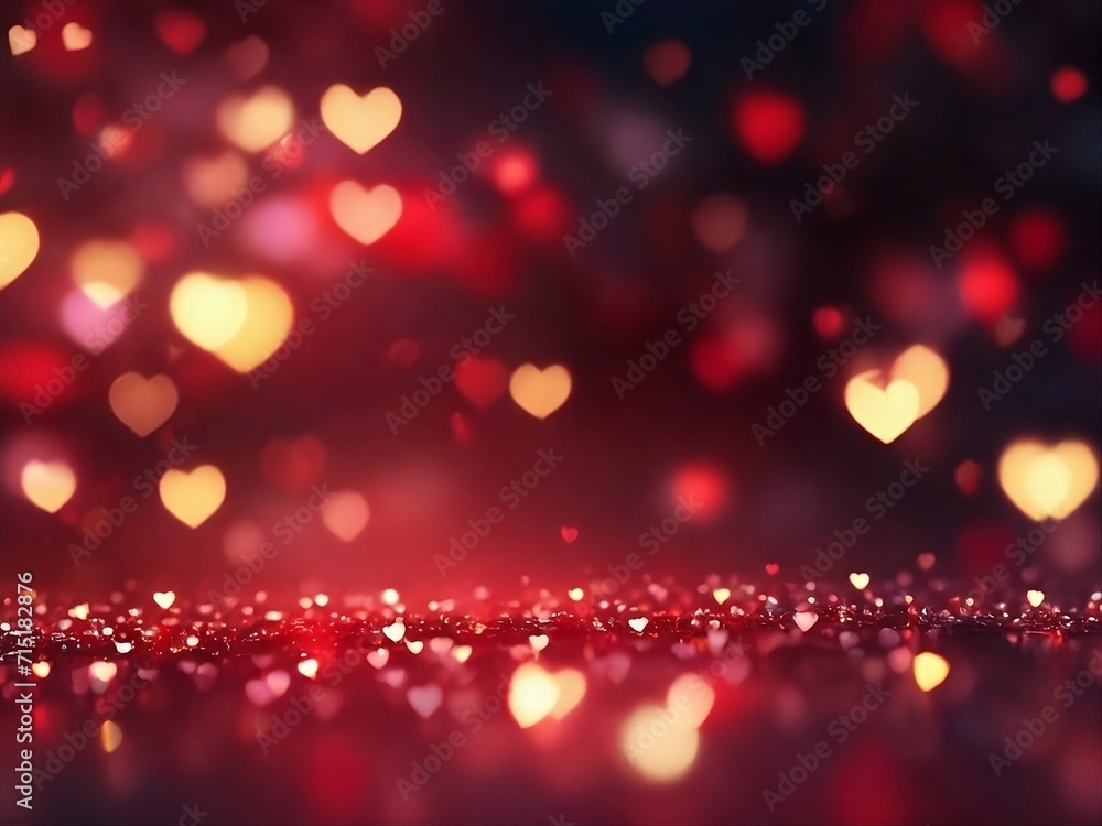 Heart-shaped bokeh lights on red background, ideal for Valentine's, weddings, and anniversaries. Red colour shining blurry lights.