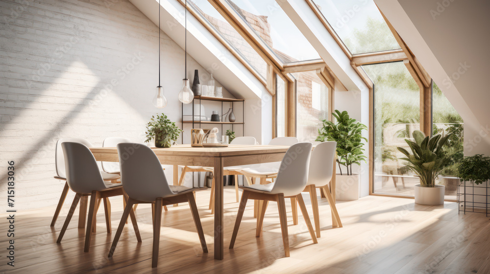 Obraz premium A Minimalist interior design of a modern Dining table and chairs in a clear loft with wooden beams in the dining room, a room with morning sunlight streaming through the window.