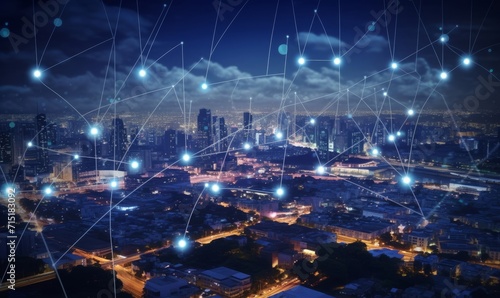 Telecommunication and communication network on city.Smart city development concept  Generative AI 